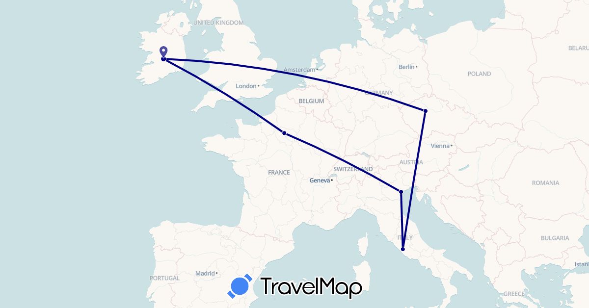 TravelMap itinerary: driving in Czech Republic, France, Ireland, Italy (Europe)